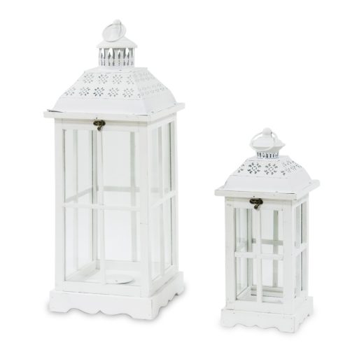 Vintage fehérre koptatott fa mécsestartó üvegezett lámpás lantern 2db-os szett fém tetővel 62x25x25 / 40x17x17cm