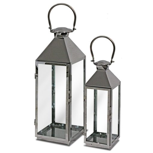 Modern fém magasfényű ezüst 2db-os üvegezett lámpás lantern szett 65x17x17 / 48x12x12cm