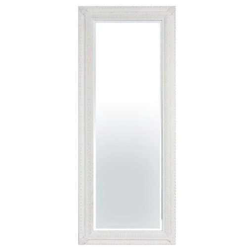 Élcsiszolt téglalap alapú fali tükör, keskeny fehér faragott keretben 134x54x3cm