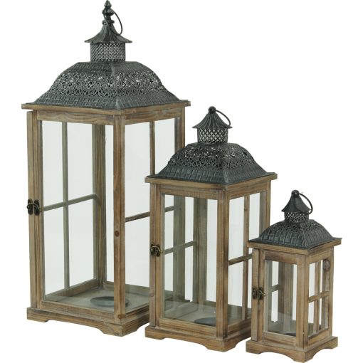 Natúr barna szögletes fa 3db-os lantern lámpás szett fém tetővel akasztóval 73x27,5x27,5 / 50x21x21 / 34x15x15cm