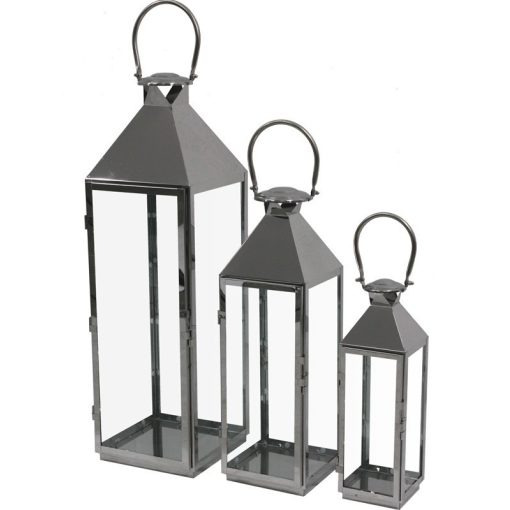 Modern magasfényű szögletes üvegezett ezüstszín 3db-os fém lantern lámpás szett 74x23x22 / 54,5x18x17 / 39x13x12cm