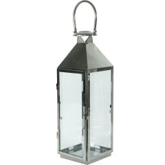   Modern ezüstszín fém keretes szögletes üvegezett lantern lámpás fogantyúval 57x17x18cm