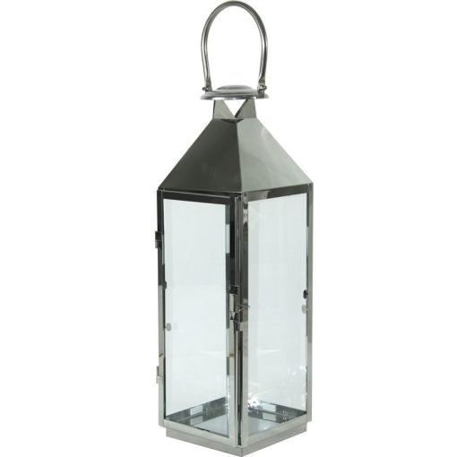 Modern ezüstszín fém keretes szögletes üvegezett lantern lámpás fogantyúval 57x17x18cm