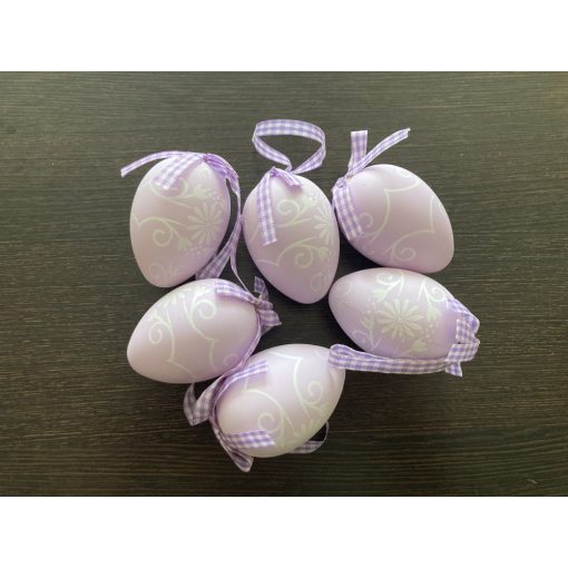Szalagos lila függő tojás dísz szett, 12db, 6x4cm, műanyag