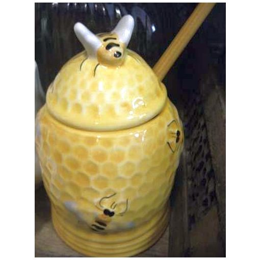 Méhecskés méztartó mézcsurgatóval,kerámia,kézzel festett-2,5dl