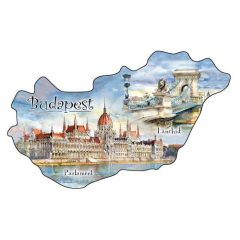   Hűtőmágnes, országforma, Budapest Országház és Lánchíd 11x6cm