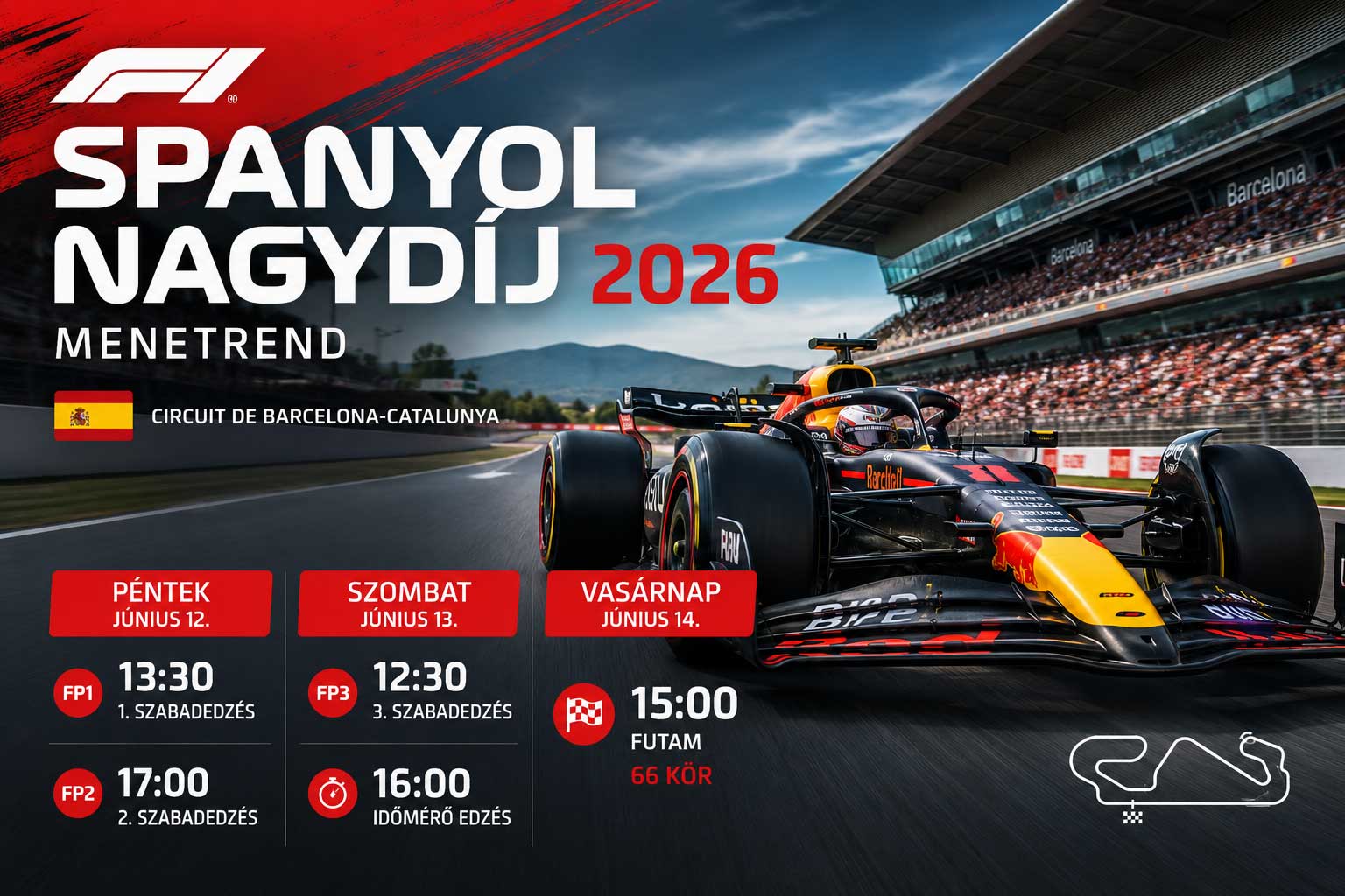 F1 Spanyol Nagydíj 2026 menetrend – Mikor lesz az időmérő és a futam Barcelonában?